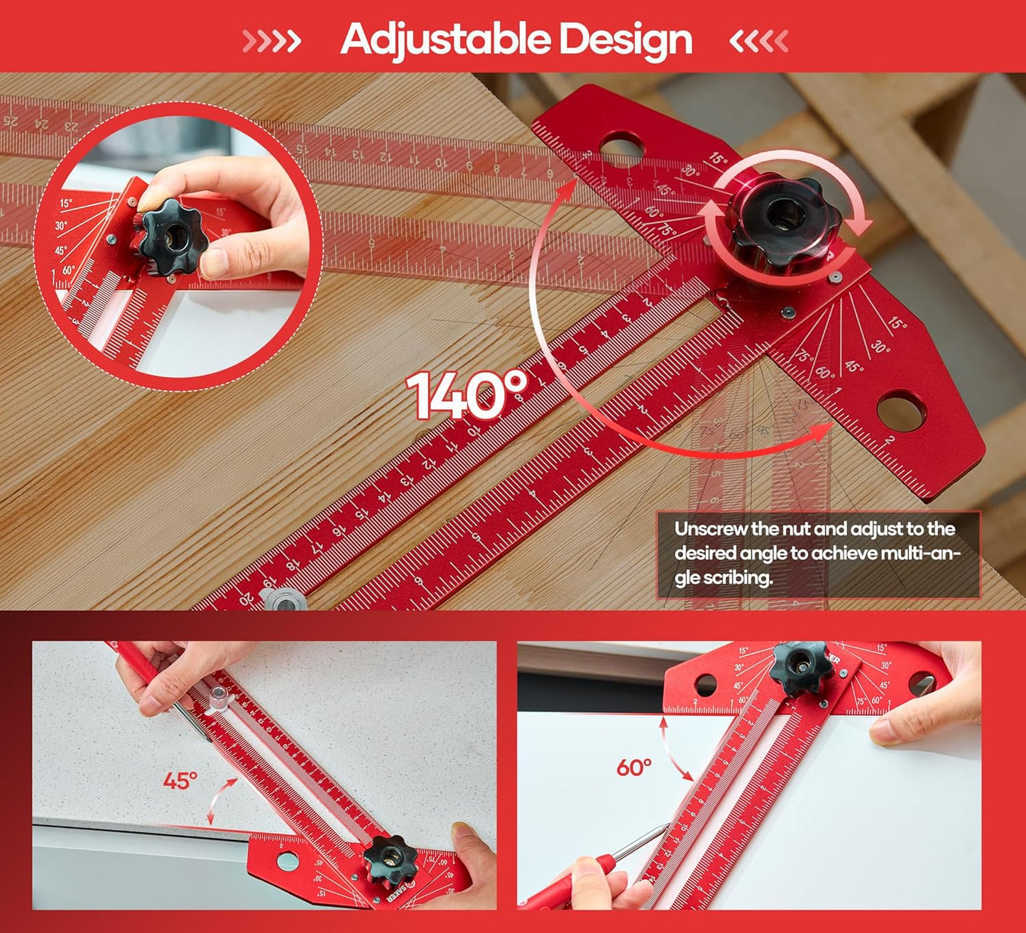 Saker Woodworking Scriber Marking Line Ruler, Adjustable Aluminum Alloy Sliding T-Square Ruler,Precision Line Drawing aid Ruler with Angle Adjustment Scale