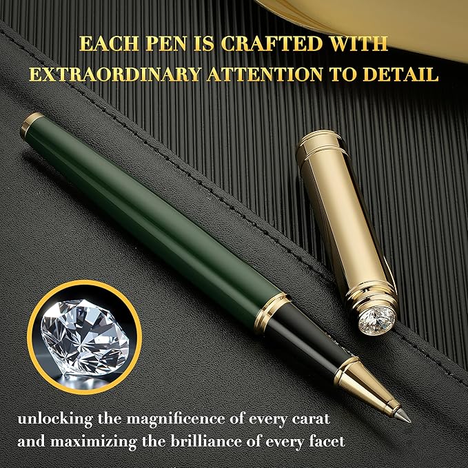 Luxury Rollerball, With 8mm Brilliant diamond,Green Lacquer Pen, Attractive 24K Gold Finish, Schmidt Ink Refill,Glitter Fancy Pens Gifts for Men & Women, Office, Executive, Nice Designer pens