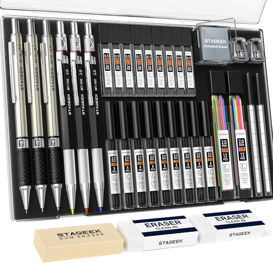 34PCS Art Mechanical Pencil Set, Drafting Pencil 0.5, 0.7, 0.9MM & 3PCS 2.0MM Mechanical Drawing Pencils with 384PCS Leads (6B 4B 2B HB 2H 4H Color) for Artist Sketching Drawing