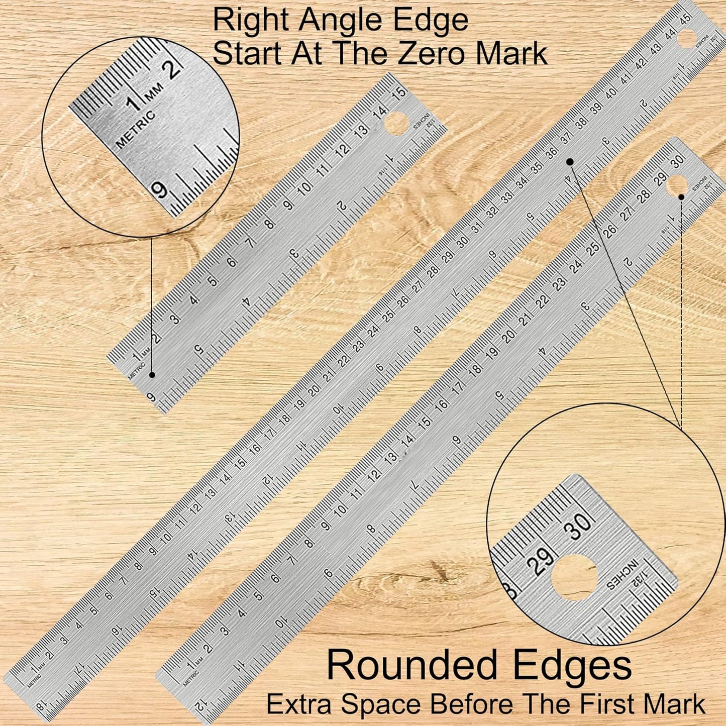 Metal Ruler with Cork Backing: 6+12 Inch Stainless Steel Non-Slip Ruler with Inch and Centimeters