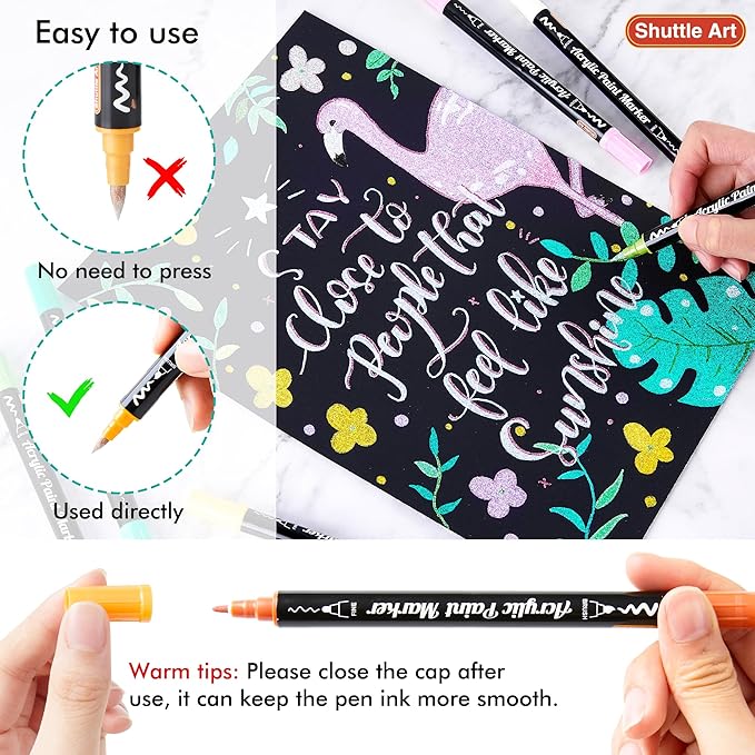 28 Metallic Colors Dual Tip Acrylic Paint Markers, Brush Tip and Fine Tip Acrylic Paint Pens for Rock Painting, Ceramic, Wood, Canvas, Plastic, Glass, Stone, Calligraphy, Card Making, DIY Crafts