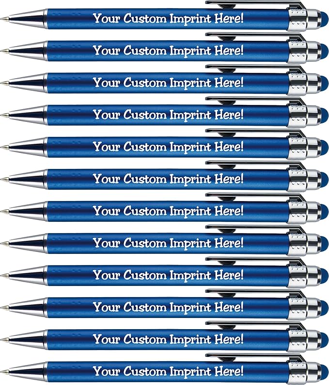 Personalized Pens with Stylus Tip -Bright Vibes- Click action - Custom - Black writing - Printed Name pens - Imprinted with Your Logo or Message - FREE PERSONALIZATION - 12 Pens/Box (Blue)