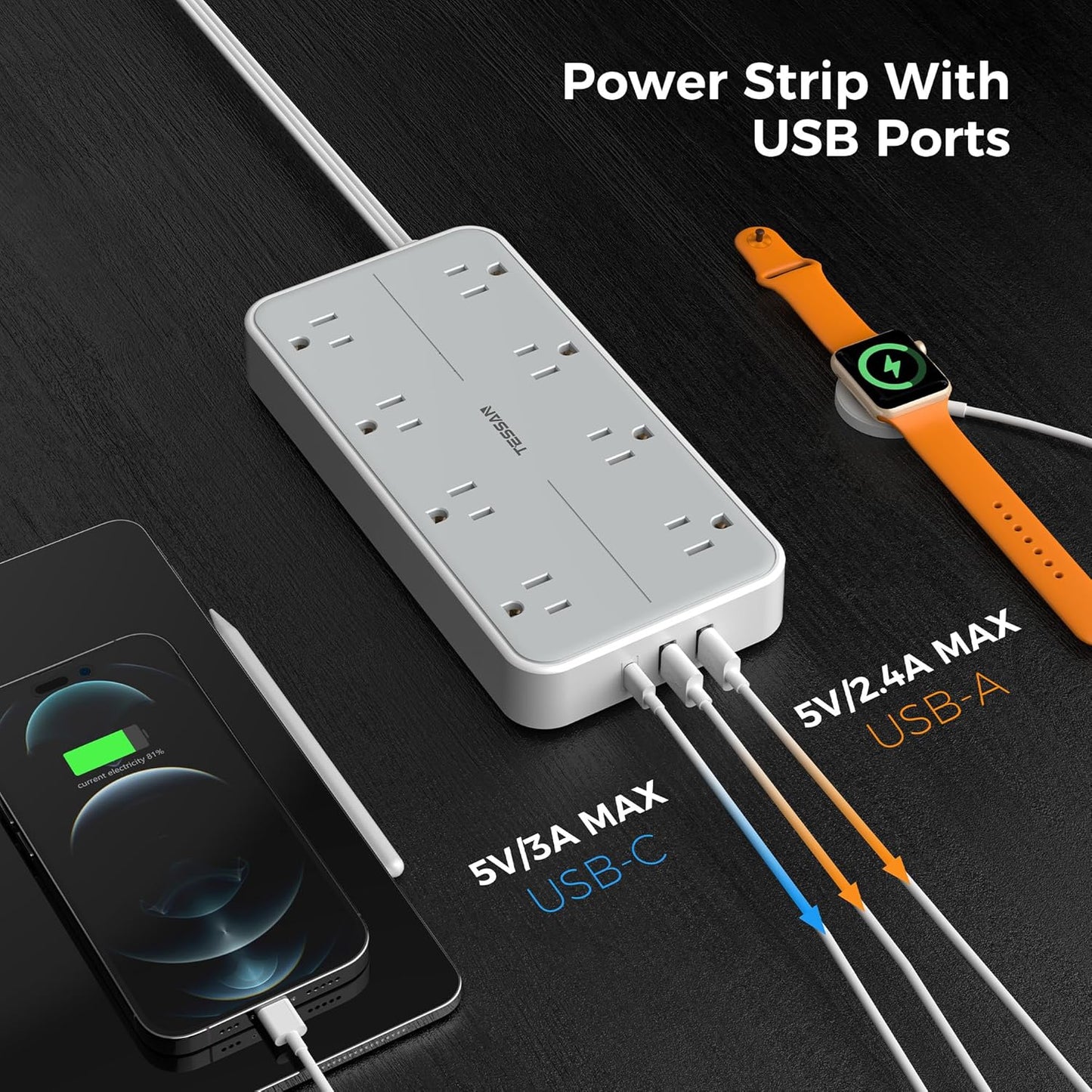 Power Strip Surge Protector 10 FT, TESSAN Flat Plug Extension Cord with 8 Outlets 3 USB Ports(1 USB C), 1080Joules Wall Mountable Multi Port Charging Station for Home Office Dorm Room Essentials