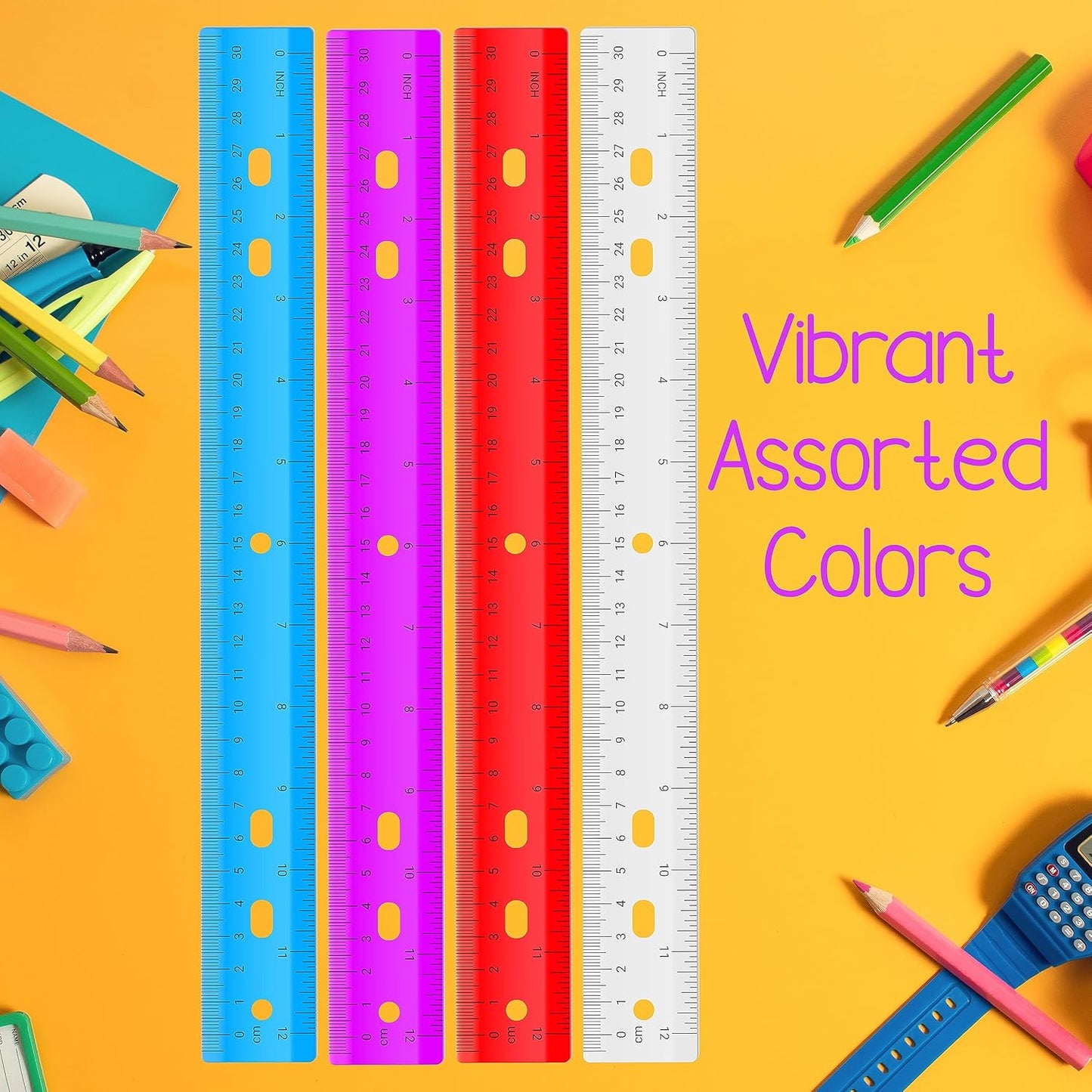 Rulers Bulk for Classroom (48 Bulk Pack) Plastic Ruler 12 Inch, Ruler with Centimeters and Inches, Bulk School Supplies Wholesale, Assorted Colors (48 Pack)