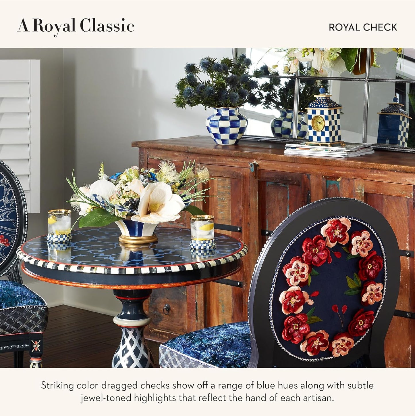 MACKENZIE-CHILDS Desk Clock, Decorative Wood Clock for Kitchen and Living Room, Blue-and-White Royal Check