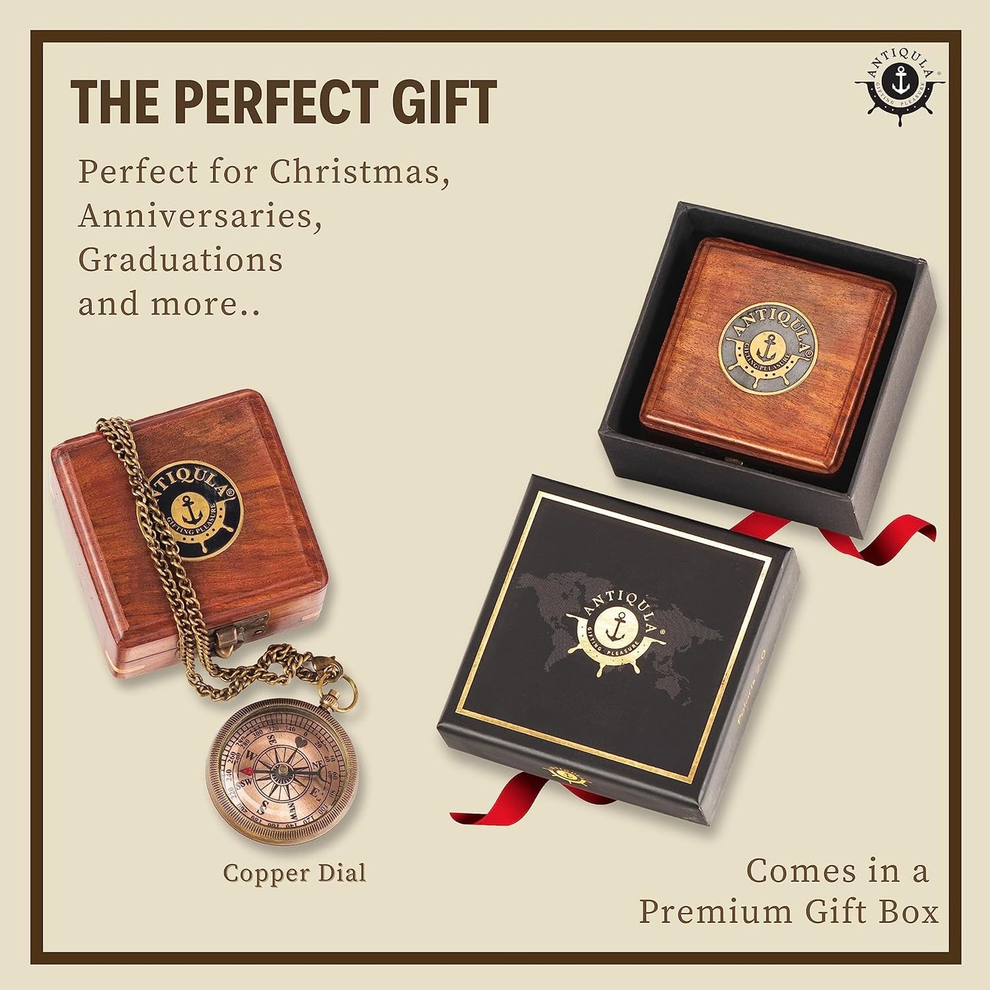 Brass Compass with Wooden Box - Graduation Gifts, Pirate Accessories & Baptism Gift For Boys, Steampunk Travel Decor Compasses For Missionary, Inspirational and Sentimental Compass