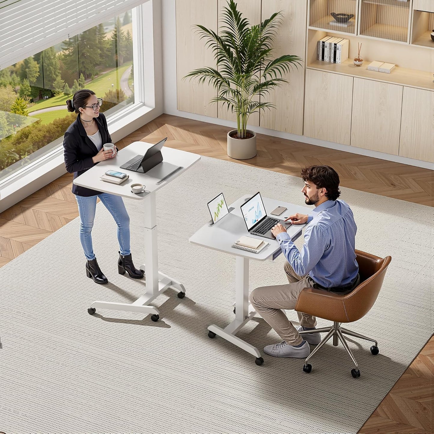 Standing Rolling Desk- 31.5' X 22' Extend Sanding Desk for Classroom, Height Adjsutable up to 44.3' Mobile Laptop Table with Wheels, Moveable Laptop Cart, Teacher Podium with Drawer, White