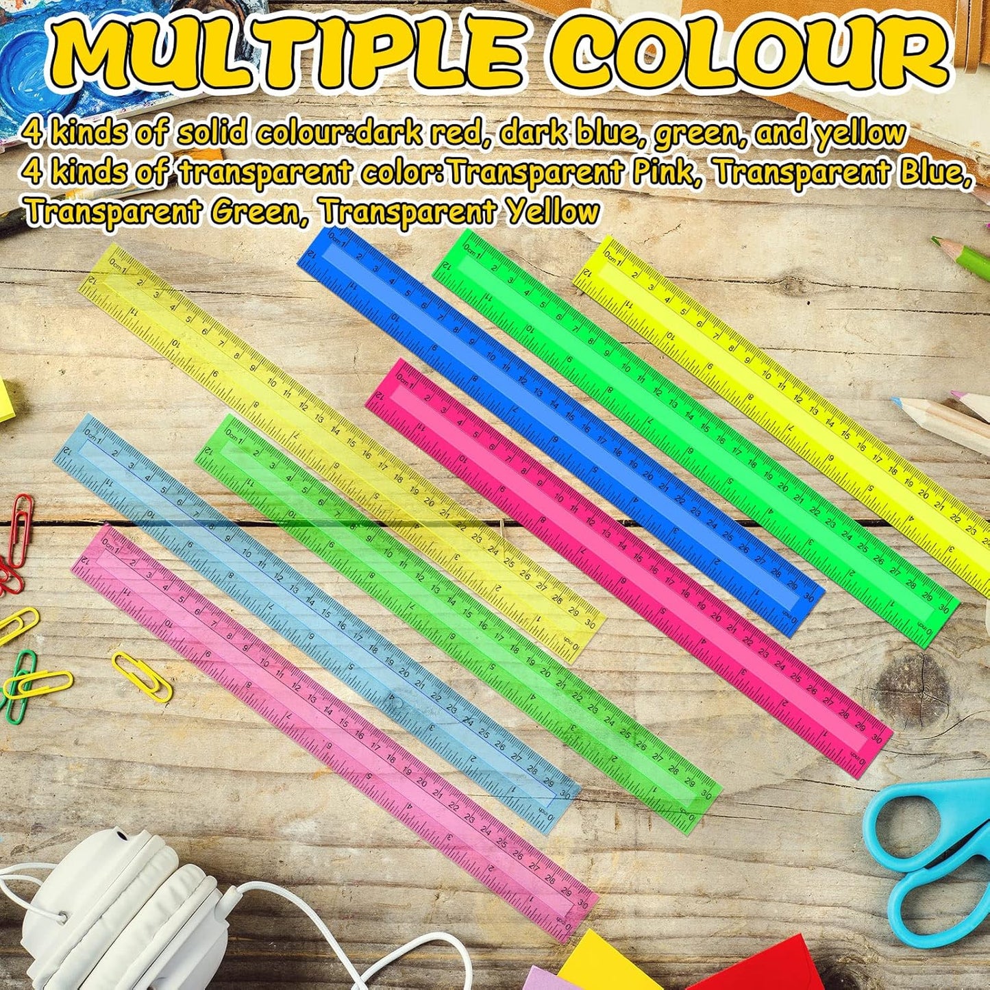Teling 192 Pack Rulers Bulk for Classroom Transparent Colorful Metric Rulers with Inches and Centimeters 8 Colors for Kids Back to School Supplies(12 Inch)