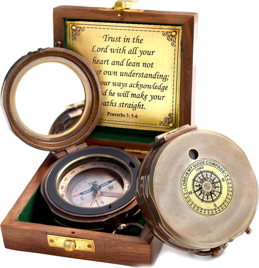 Trust in The Lord With All Your Heart - Proverbs 3:5-6 Quote Engraved Compass With Wooden Box, Greeting Card, Gift Compass, Graduation Day Gifts 2024 for Women Men Boys Girls