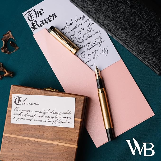 Wordsworth & Black Primori Fountain Pen Set [Stunning Gold]; Medium Nib, Gift Case, 24 Ink Cartridges, Refill Converter, Manual; Journaling, Calligraphy, Smooth Writing Pens; Left and Right Handed