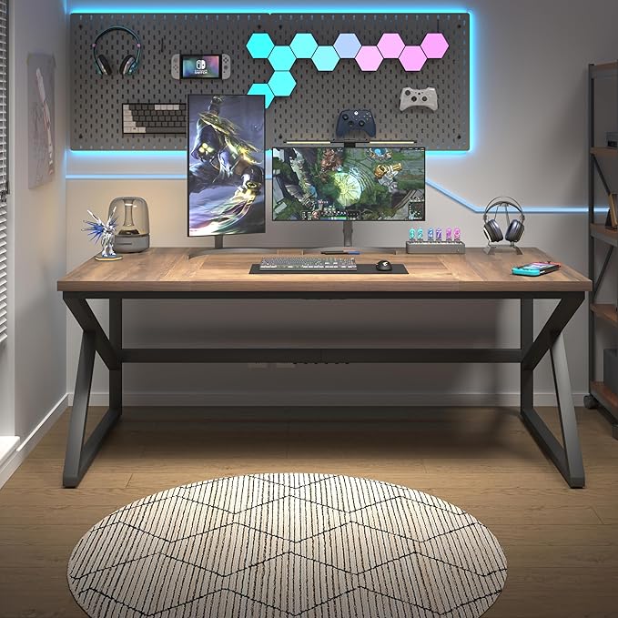 HSH Large Home Office Desk, Modern Wood Metal Computer Desk for Two Person, Extra Long Executive Writing Study Gaming Double Desk Workstation, 70 Inch Rustic Bedroom Living Room Table for 2 Monitors