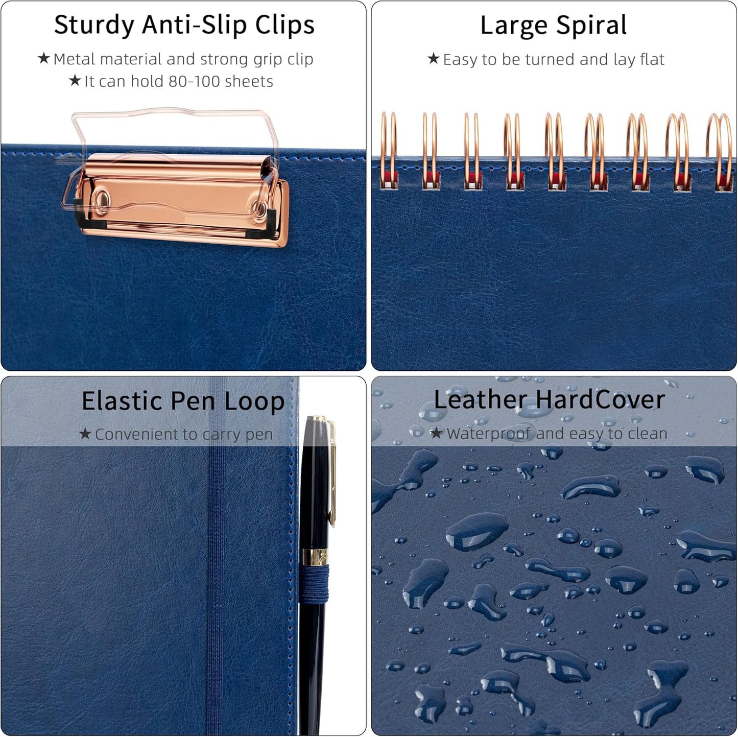 Ospelelf Leather Clipboard Folio with Notepad for Letter Size, Spiral Clipboard Folder with Storage Zipper Pouch, 5 Folders with 10 Pockets, 39 Divider Label Stickers, Pen Loop Series (Blue)