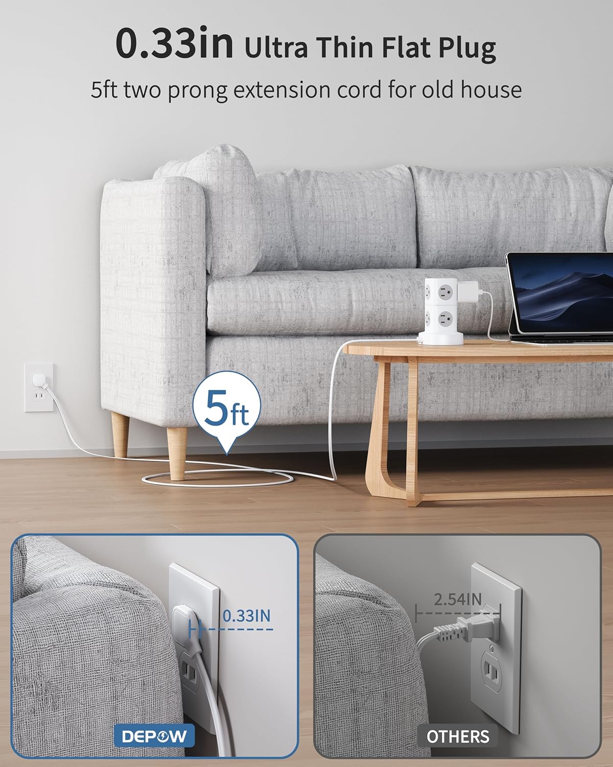 2 Prong Power Strip, 2 to 3 Prong Outlet Adapter with 9 Outlets 3 USB Ports (2 USB C), 1700J Two Prong Surge Protector, 5FT Power Strip Tower, Wall Mount for Old House Non-Grounded Outlets