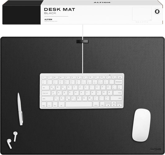 Leather Desk Mat Cable Organizer 23.6" x 17" | Premium Black Vegan Leather Desk Protector Blotter Mouse Pad with Felt Non Slip Bottom for Home Office