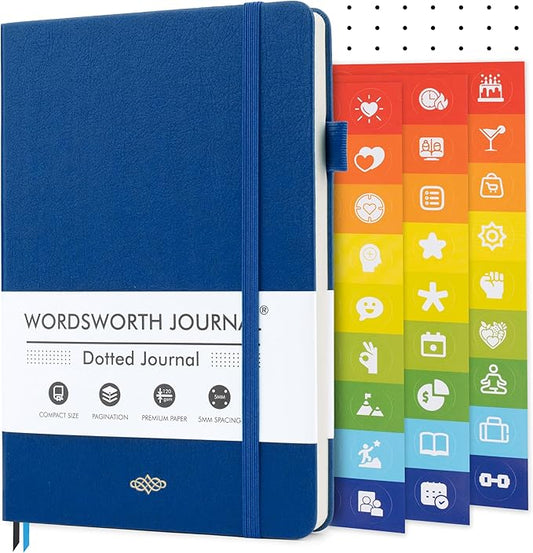 Wordsworth & Black A5 Bullet Dotted Journal 216 Dotted Pages, Hardcover Grid Dot Leather, 120 GSM Paper, Journaling Notebook for Work & Sketching, Journals for Women, Men - Gifts Box Included Blue