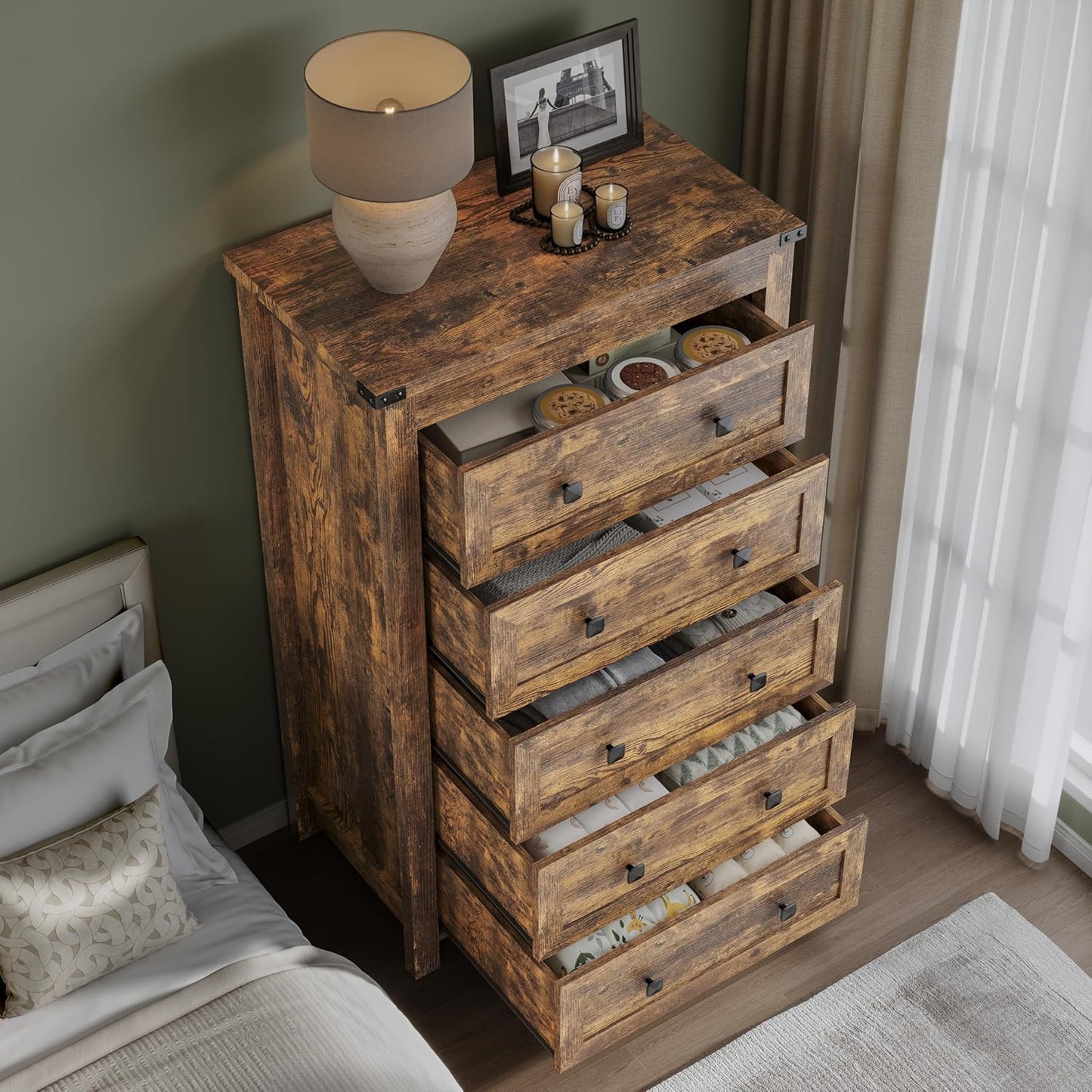 Tall 5-Drawer Dresser, Modern Wooden Storage Chest of Drawers, Dresser TV Stand, Wood Drawer Organizer with Metal Handles for Bedroom, Living Room, Hallway