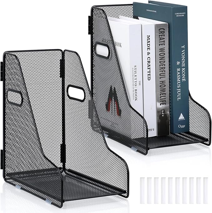 2 Pack Large Binder Folder Holder for Desk Metal Mesh Magazine File Holder Black Vertical File Storage Desktop Binder Organizer Desk Folder Organizer for 3Inch 4Inch 5Inch Binder 10" L x 6" W x 11" H