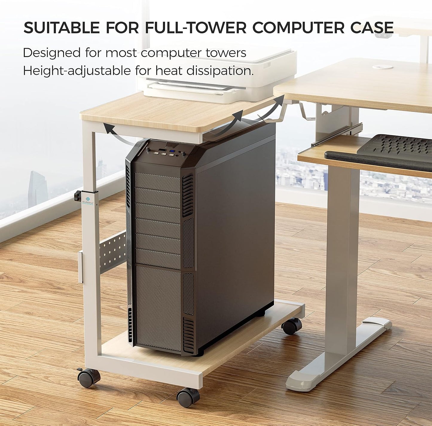 EUREKA ERGONOMIC PC Stand Computer Cart, Height Adjustable Tower Stand 2-Tier Suit for ATX Case Printer, Metal Rolling Cart on Wheels for Gaming Home Office, Maple