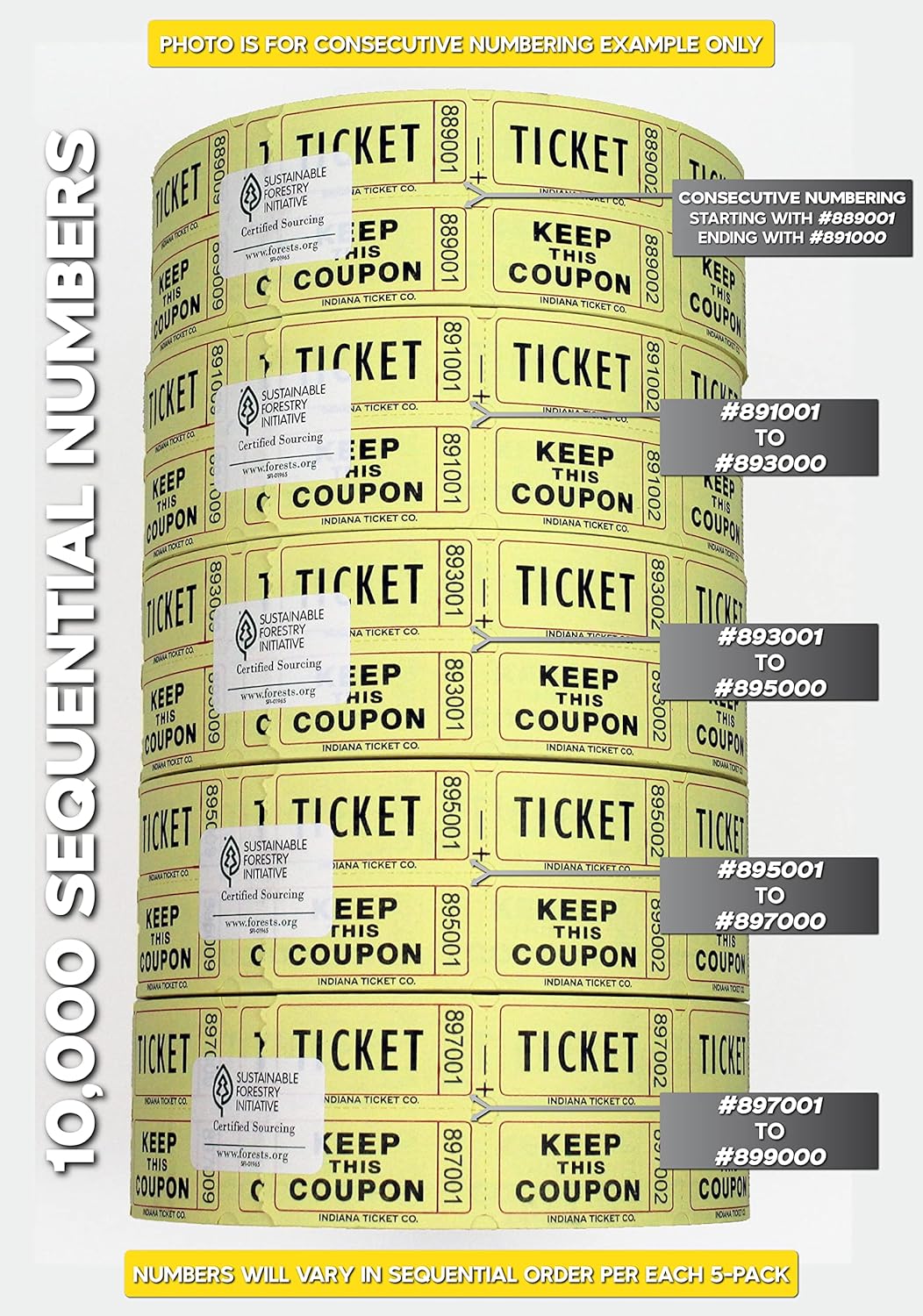 INDIANA TICKET CO. 10,000 Yellow CONSECUTIVELY Numbered Raffle Ticket Roll. 5 Rolls of 2,000, for Classroom Rewards, Events, Fundraisers, Door Entry, Raffles, Prizes, Drink/Food Tickets, & More