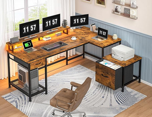 L Shaped Computer Desk with Drawers, Gaming Desk with LED Lights & Monitor Shelf, Office Desks with Power Outlets, Corner Desks for Home Office, Study Room and Bedroom, Rustic Brown