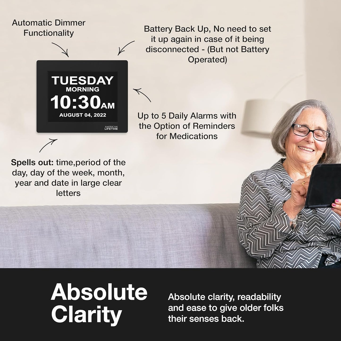 American Lifetime New 2025 Dementia Clock Large Digital Clock for Seniors, Alzheimer Clock Large Display with Custom Alarms, Clock with Day & Date for Elderly, Big Number Digital Calendar Black