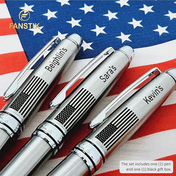 Customized BallPoint pen with name and US Flag (MADE IN USA), stainless steel, silver, luxury engraved pen personalized for men and for women. (BallPoint US-Flag)