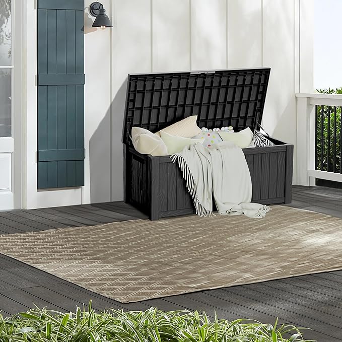 150 Gallon Lockable Resin Deck Box, Waterproof & UV-Resistant Outdoor Storage Box for Outdoor Cushion Storage, Garden Tools & Pool Accessories Storage, Black