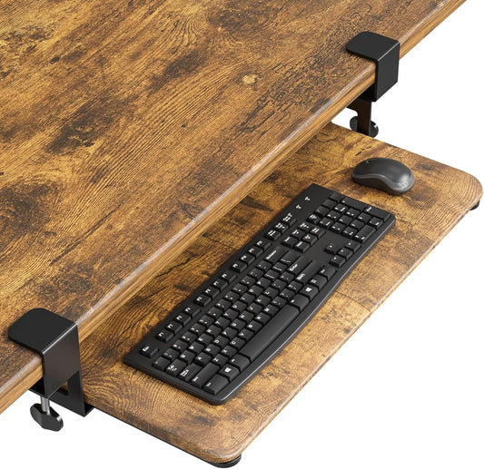BONTEC KMT01 Under Desk Keyboard Tray, Pull-Out Keyboard & Mouse Platform with C-Clamp, 25.6 x 11.8 in Space-Saving Ergonomic Slide-Out Drawer, Rustic Brown
