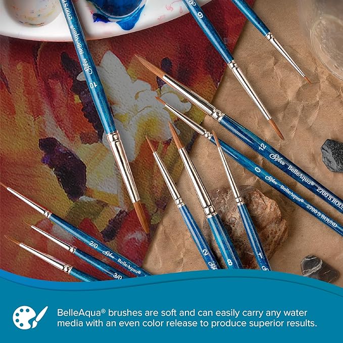 Silver Brush Limited BA-2756S BelleAqua Cats Tongue Brushes, 2pc Watercolor Brush Set, Professional Soft Synthetic Red Sable Filament Cats Tongue Paint Brush Set, Short Handle, Sizes 4 and 8