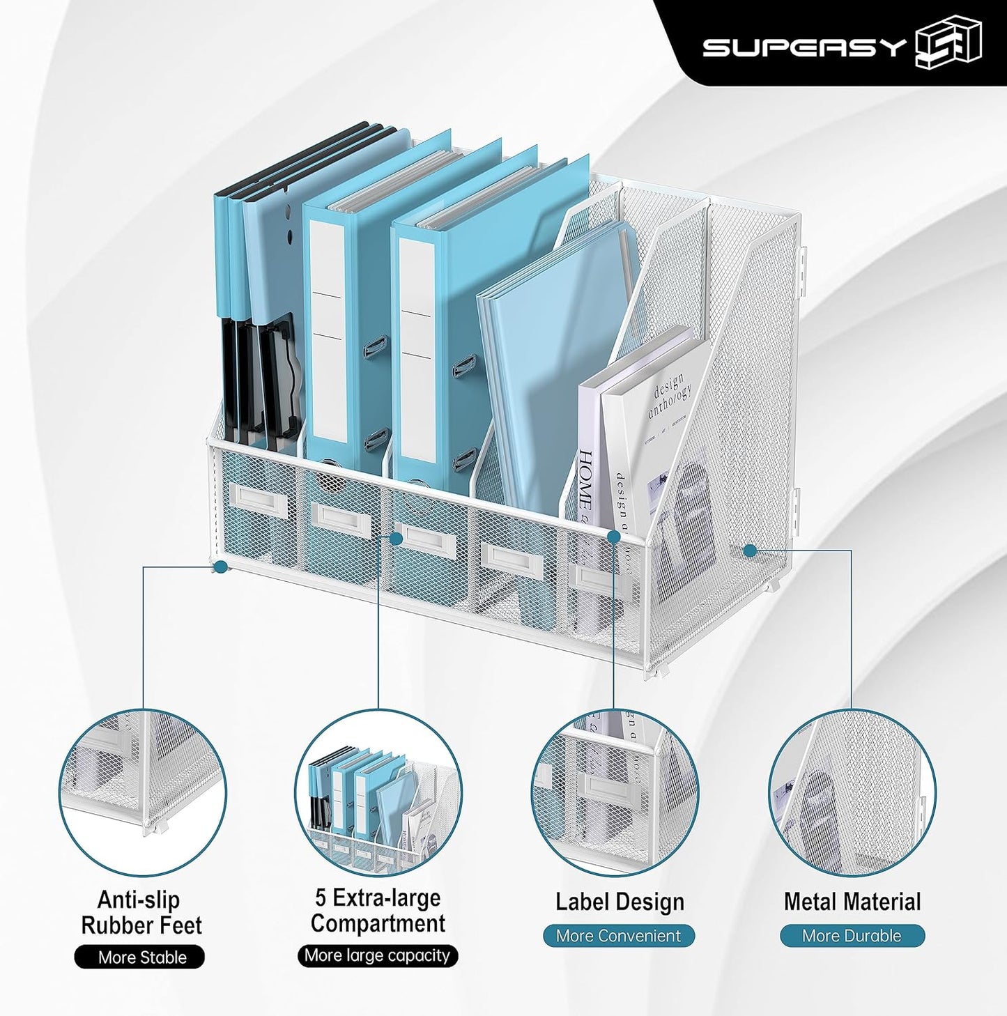 SUPEASY Desk Organizers Metal Desk Magazine File Holder with 5 Vertical Compartments Rack File Organizer for Office Desktop, Home Workspace, White Plus