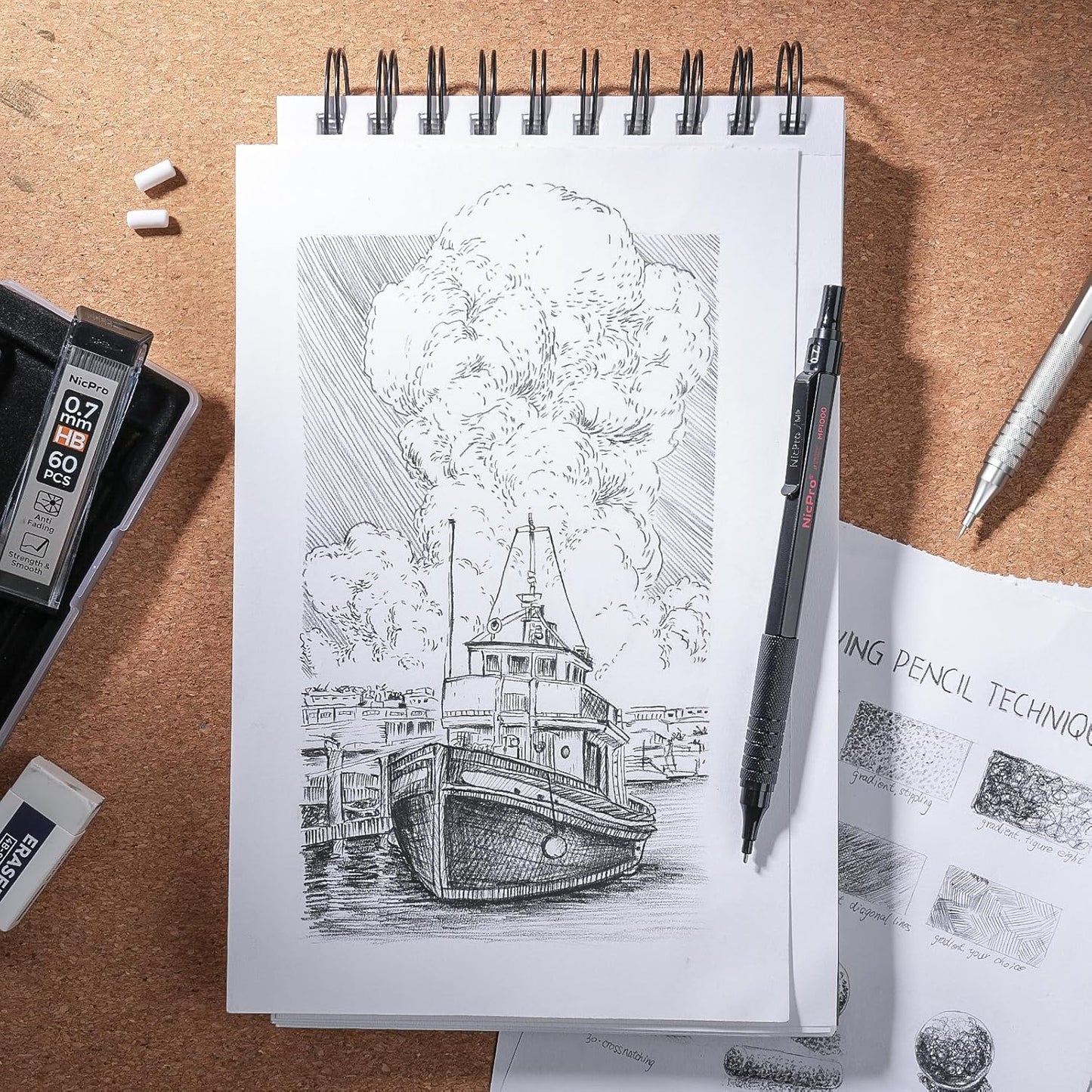 Nicpro 2 PCS Mechanical Pencils 0.5mm & 0.7 mm with Case, MP1000 Metal Artist Pencil Set with 6 Tubes HB Lead Refills, 3 Erasers, 9 Eraser Refills For Art Writing Drafting Drawing, Black & Silver