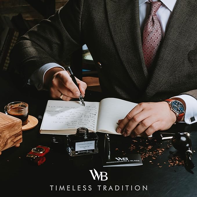 Wordsworth & Black Majesti Fountain Pen-(Black Chrome), Luxury Case, Stainless Steel; Medium Nib- Ink Cartridges, Refillable Ink Converter-Calligraphy Pen-Best Business Gift Set for Men & Women