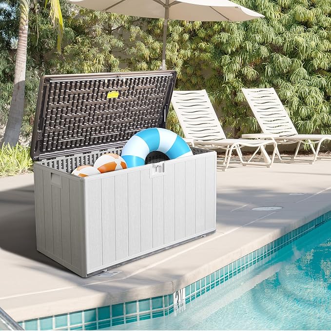 Premium Pro Edition 110 Gallon Lockable Resin Deck Box, Waterproof & UV-Resistant Outdoor Storage Box for Outdoor Cushion Storage, Garden Tools & Pool Accessories Storage, White