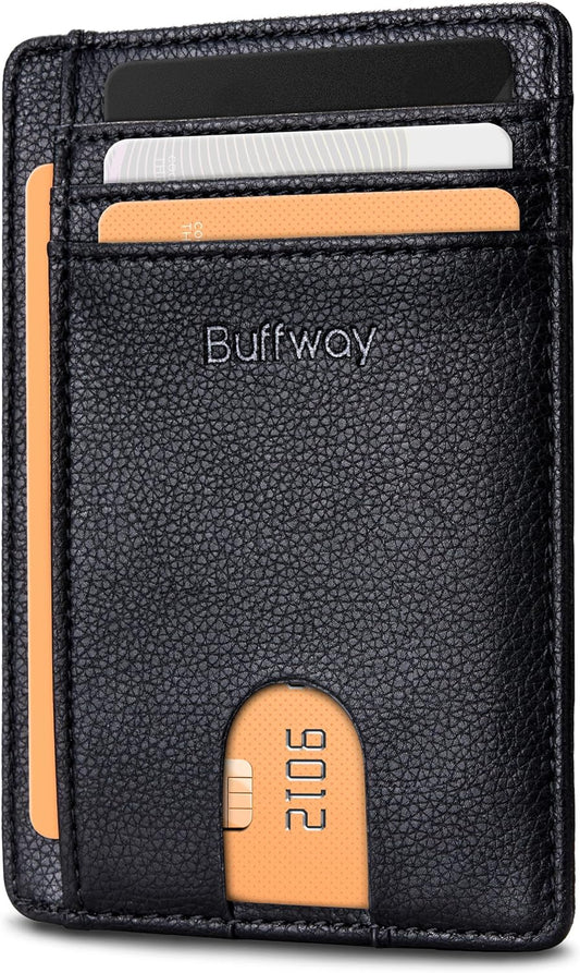 Buffway Slim Minimalist Front Pocket RFID Blocking Leather Wallets for Men and Women - Lichee Black