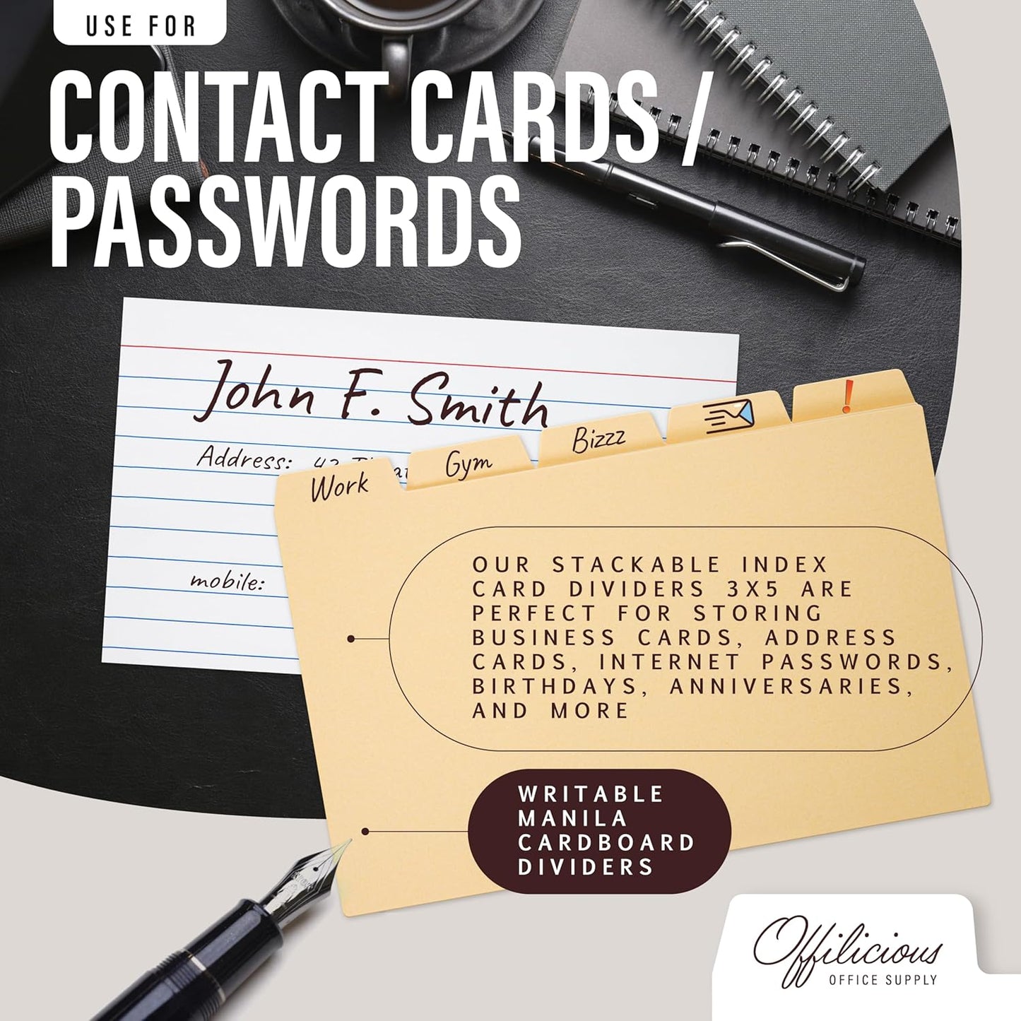 25 Manila Index Card Box Dividers with Tabs & 108 Stickers, Alphabetical File Dividers for 5x8 Index Card Box