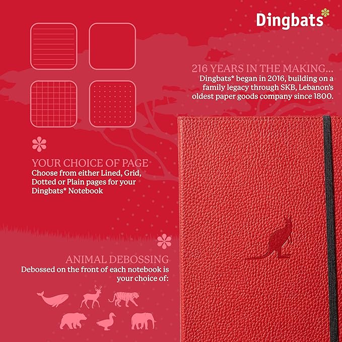 Dingbats* Wildlife Dotted Writing Journal Notebook A5 - Vegan Leather Hardcover - Ideal for Work, Travel - Pocket, Elastic Closure, & Bookmark