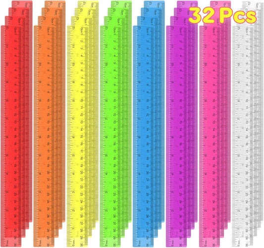 32 Pcs Clear Plastic Ruler 12 Inch, Rulers Bulk for Classroom, Transparent Assorted Color Bulk Rulers with Millimeter and Inches, Kids Ruler for School, Ideal Back to School Office Home Supplies