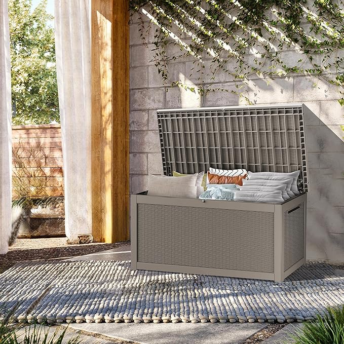 320 Gallon Lockable Resin Deck Box, Waterproof & UV-Resistant Outdoor Storage Box for Outdoor Cushion Storage, Garden Tools & Pool Accessories Storage, Gray