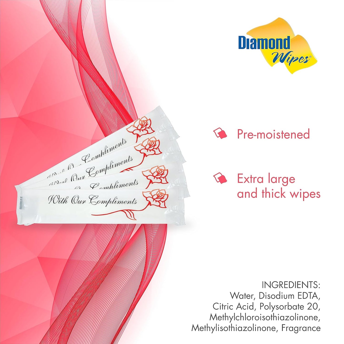Diamond Wipes Pre-moistened Hand Wipes - “With Our Compliments” Logo 10x8” Extra Thick Lemon-Scented Pack of 50 Individually Wrapped Wet Wipes