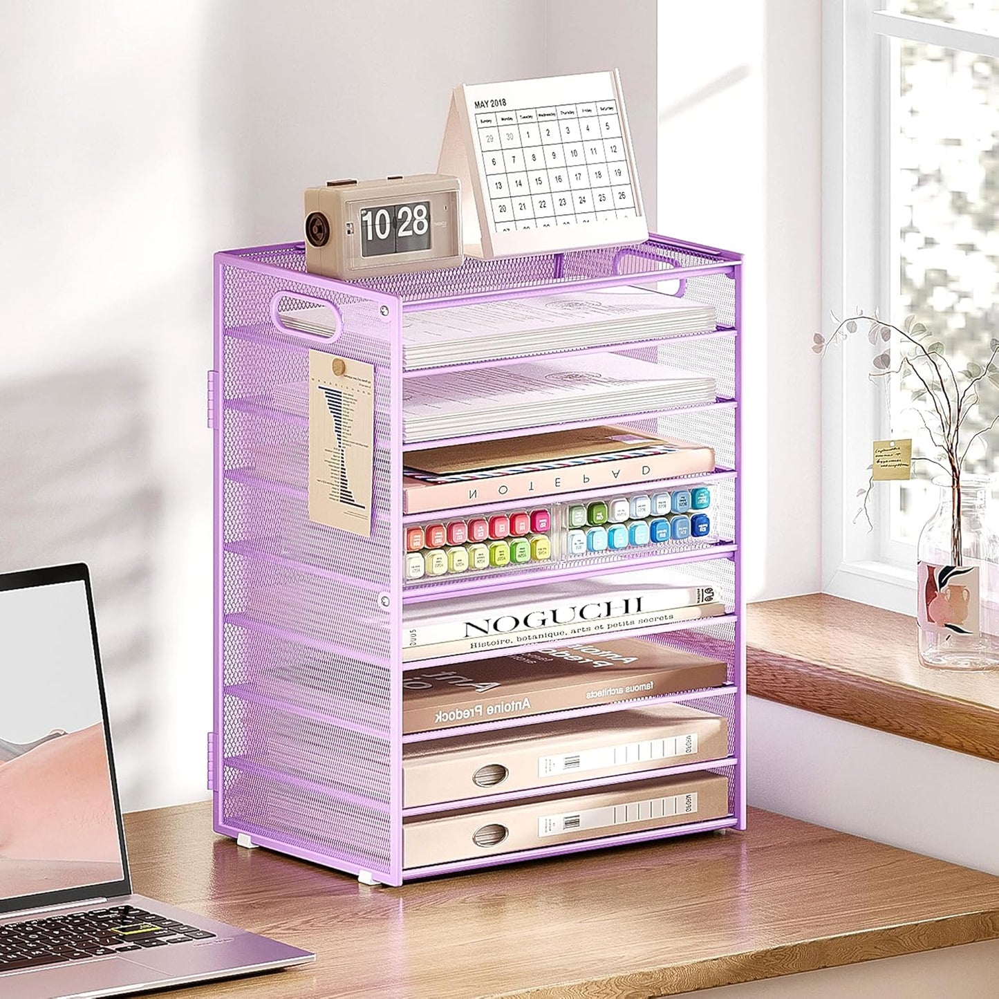 SUBEKYU 9 Tier Paper Letter Tray Desk Organizer with Handles - Purple Metal Mesh File Holder Paper Sorter Desk Organizer for Office Home School, Include 6 Pcs Adjustable Slid Tray, 6 Colors Available