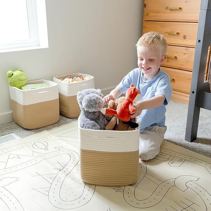 NaturalCozy Storage Cubes 11 Inch Cotton Rope Woven Baskets for Organizing, 3-Pack | Cube Storage Bin | Square Storage Baskets for Shelves Organizer, Classroom, Kids Toy Bins, Closet, Baby Nursery