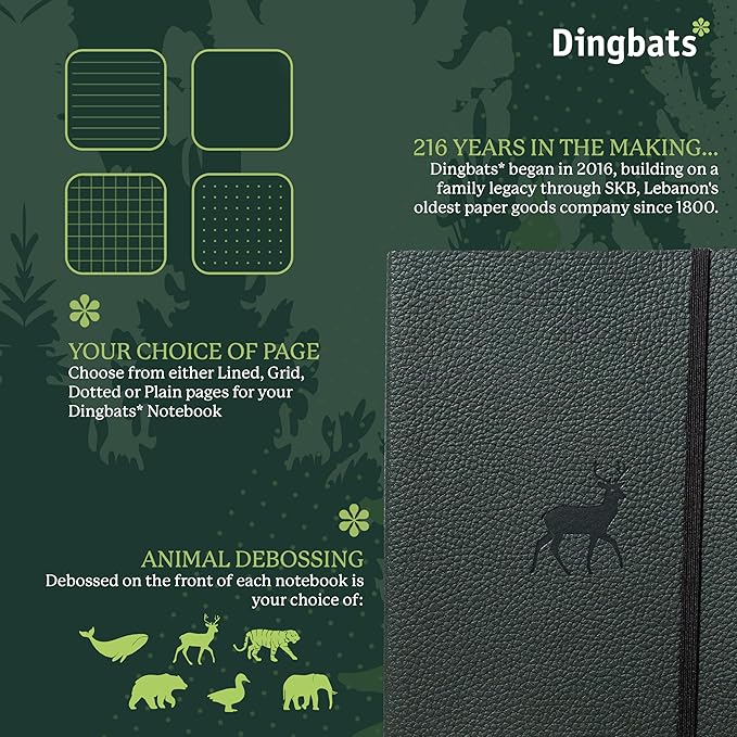 Dingbats* Wildlife Dotted Writing Journal Notebook A5 - Vegan Leather Softcover - Ideal for Work, Travel - Pocket, Elastic Closure, & Bookmark