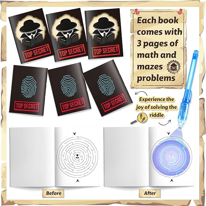 GIFTINBOX Invisible Ink Pens with UV light for Kids, Spy Pen Party Favors for Kids 8-12, 24Pack Invisible Ink Pen and Notebook, Magic Marker for Secret Message Birthday Party Favors for Kid 4-8