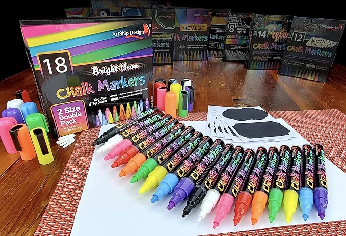18 Neon Chalk Markers - Double Pack of Fine and Medium Tip Liquid Chalk Pens - Wet Erasable for Menu Boards, Glass, Windows, Whiteboards, Classrooms, Mirrors, Plastic