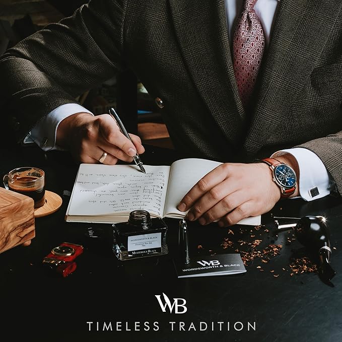 Wordsworth & Black Majesti Fountain Pen-(Black Checked), Luxury Case, Stainless Steel; Medium Nib- Ink Cartridges, Refillable Ink Converter-Calligraphy Pen-Best Business Gift Set for Men & Women