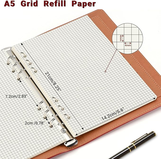 A5 Grid-Ruled Refill Paper, 100gsm Thick Beige No-Bleed Sheets (80-Pack), Pre-Punched – Fits A5 6-Ring Binders for Office, School & Teachers