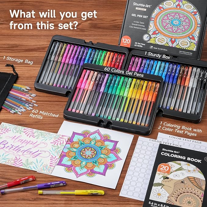 Shuttle Art Gel Pens, 120 Pack Gel Pen Set Packed in Sturdy Box, 60 Unique Colors with 60 Refills for Adults Coloring Books Drawing Doodling Crafts Scrapbooking Journaling
