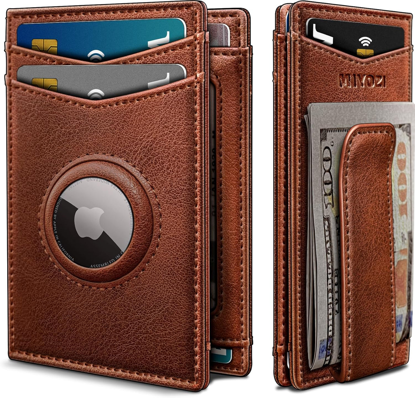 Airtag Wallet for Men- with Money Clip Gift Boxed, Magnetic Closure Slim Genuine Leather Front Pocket Wallet, 4.1"x 2.8", RFID Blocking