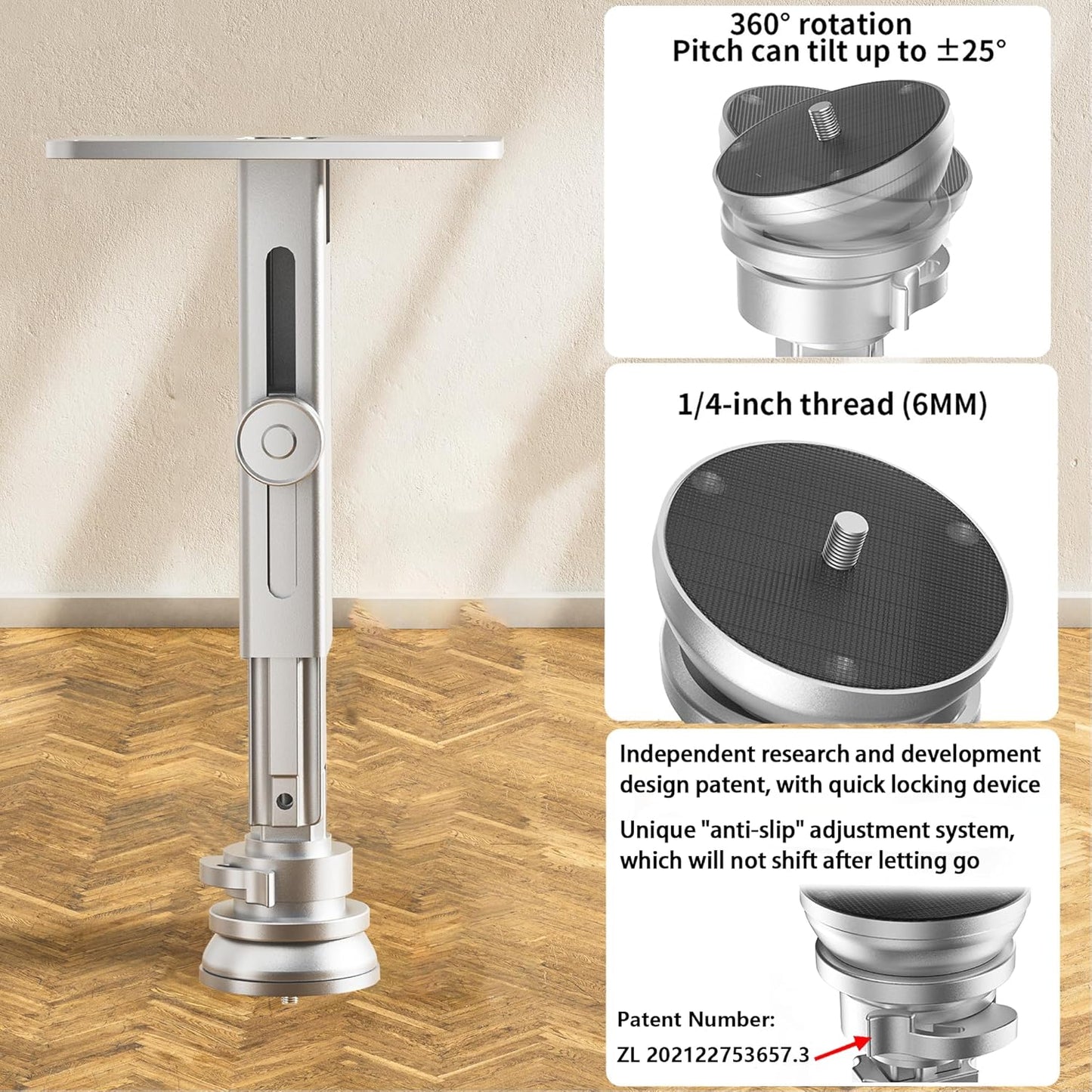 Projector Stand - Single Hole Hanging Height Adjustable Ceiling/Wall Mount, Aluminum Alloy Material, Load 33 lbs - Silver