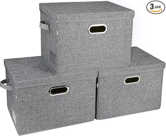 Voova Large Collapsible Storage Bins with Lids, 3 Pack Stackable Line Fabric Cube Storage Organizer, Foldable Closet Storage Boxes Baskets Containers with Cover for Clothes Bedroom Office Home, Grey
